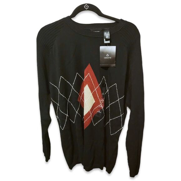 VTG Claiborne Black Red Argyle Diamond Cotton Golf Grandpa Sweater XL Long NWT - Picture 1 of 8